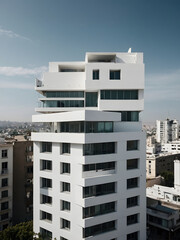 A contemporary white building blending seamlessly into the cityscape.