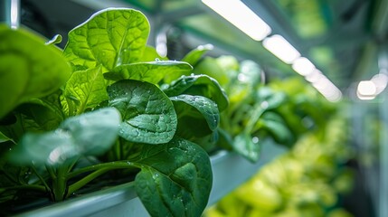 Experts studying spinach cultivation with sophisticated technology in a hi-tech greenhouse lab, striving for sustainable food production.