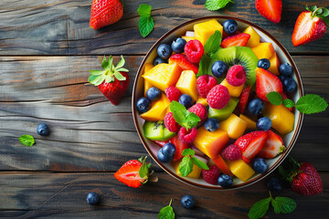 Bowl of healthy fresh fruit salad on wooden background. Top view
