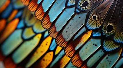 A close up of a bird's feather with a blue and orange pattern