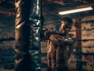 Boxing training photo with a boxer hitting a punching bag, boxing ring in the background - obrazy, fototapety, plakaty