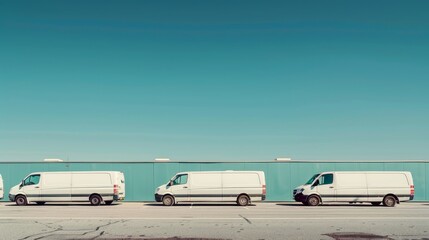 A row of parked white delivery vans captured in a low-angle shot, lined up neatly next to each other