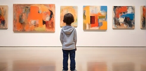 A young girl gazes at modern art paintings in a gallery, immersed in the colorful and abstract...