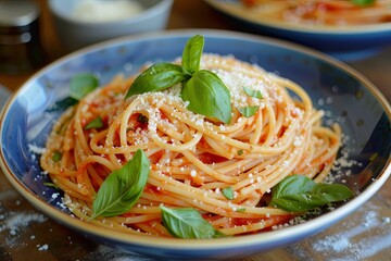 Decadent Spaghetti Delight: A Timeless Snapshot of Sauce, Pasta, Basil, and Parmesan