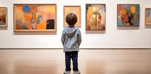 Unrecognisable child looking at modern art painting in a gallery