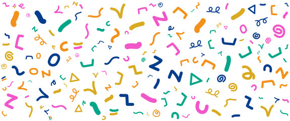 Colorful flat abstract fun line doodle banner with shapes for hand drawn style. Vector illustration for banner, background, pattern, brochure, cover, template, decoration, ads, prints, branding design