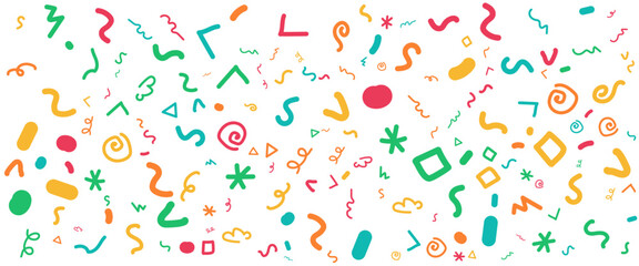 Colorful flat abstract fun line doodle banner with shapes for hand drawn style. Vector illustration for banner, background, pattern, brochure, cover, template, decoration, ads, prints, branding design