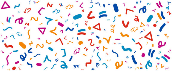 Colorful flat shapes abstract fun line doodle banner with cute simple style. Vector illustration for banner, background, pattern, brochure, cover, template, decoration, ads, prints, branding design