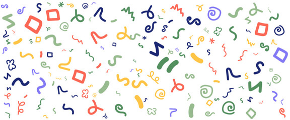 Colorful flat abstract fun line doodle banner with shapes for hand drawn style. Vector illustration for banner, background, pattern, brochure, cover, template, decoration, ads, prints, branding design