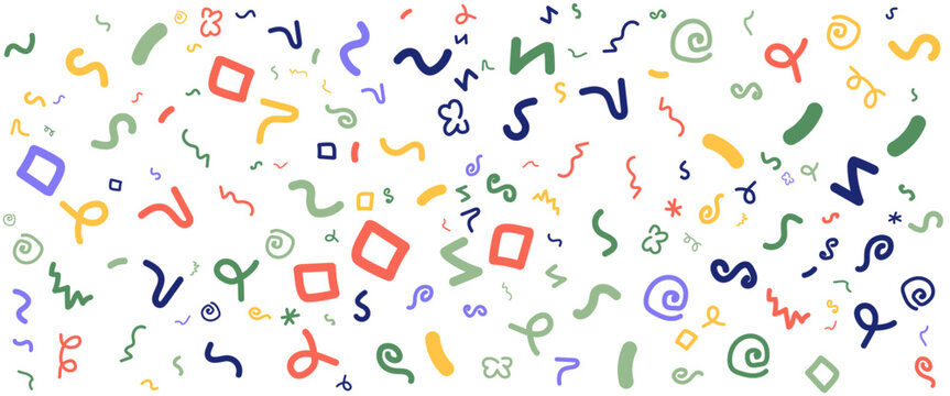 Colorful hand drawn style shapes abstract fun line doodle banner. Vector illustration for banner, background, pattern, brochure, cover, template, decoration, ads, prints, branding design