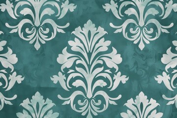 An image of aged turquoise wallpaper with a distressed damask pattern, ideal for a vintage or shabby chic aesthetic.