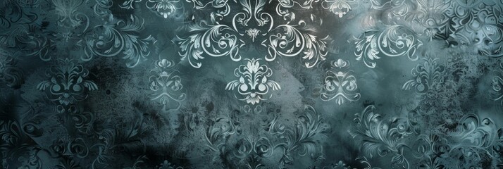 An image of aged turquoise wallpaper with a distressed damask pattern, ideal for a vintage or shabby chic aesthetic.