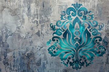 An image of aged turquoise wallpaper with a distressed damask pattern, ideal for a vintage or shabby chic aesthetic.