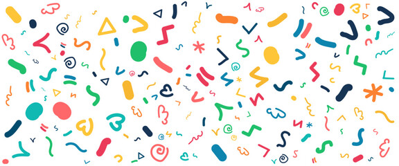Colorful flat shapes abstract fun line doodle banner with cute simple style. Vector illustration for banner, background, pattern, brochure, cover, template, decoration, ads, prints, branding design