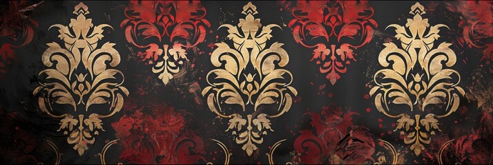 A grand display of scarlet and gold damask patterns on a dark backdrop, ideal for luxury interiors