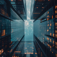 skyscrapers against the clouds, modern buildings view from below, banner, 3D rendering
