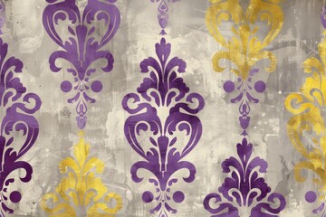 Purple and gold damask patterns dance on a speckled parchment texture for a regal aesthetic.
