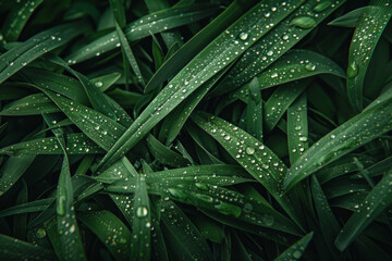 The textured surface of dew-covered grass blades, featuring sparkling droplets and lush greenery. Dewy grass textures offer a fresh and rejuvenating backdrop.