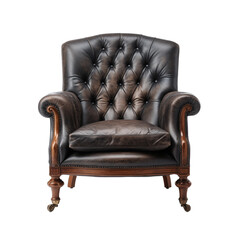 Elegant vintage brown leather armchair with tufted backrest and wooden isolated on white background 3d rendering