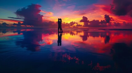 A person stands alone on a sandy beach, silhouetted against a vibrant sunset sky