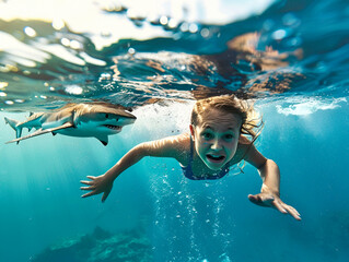 Attractive scared girl swims away from a shark