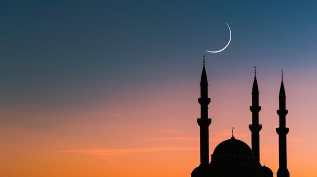 A crescent moon hanging over a minimalist mosque at twilight, with another crescent visible in the sky