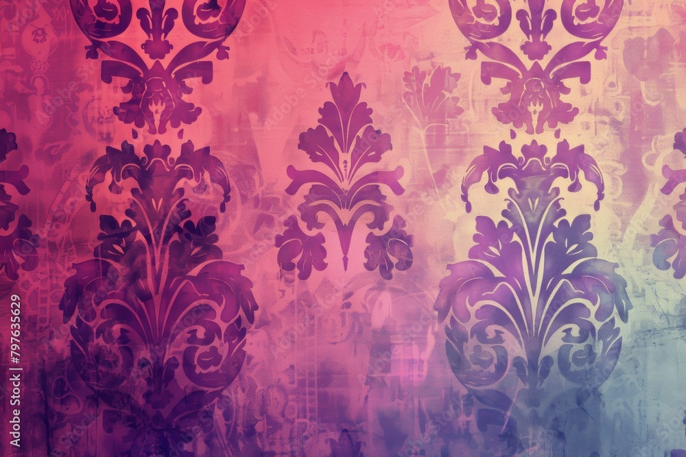 Wall mural This alluring wallpaper boasts vibrant fuchsia damask designs set upon a deep purple textured canvas.