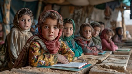 A makeshift classroom in a war zone, where children learn with determination, embodying resilience and hope.