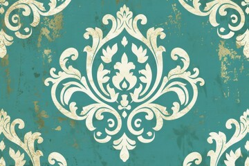 An image of aged turquoise wallpaper with a distressed damask pattern, ideal for a vintage or shabby chic aesthetic.