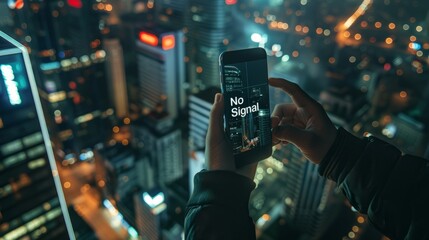 A person is capturing a cityscape at night using a smartphone with a No Signal holographic icon...