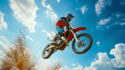 A motocross rider launching off a dirt ramp with their bike suspended midair in an action-packed scene