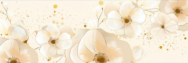 This panoramic floral illustration exudes elegance with translucent blooms accented by golden splatters, ideal for luxury decor and sophisticated themes.