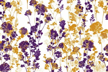 Naklejka premium A vibrant floral pattern featuring a mix of goldenrod and violet blooms, creating a lively and decorative piece for interiors and textile designs.