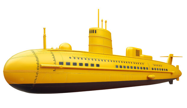 A yellow submarine with various hatches and portholes isolated on a black background.

