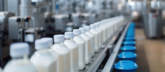 A line of milk bottles are being made in a factory