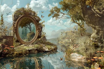 A whimsical scene where a mirror reflects an alternate reality, with elements defying the laws of physics