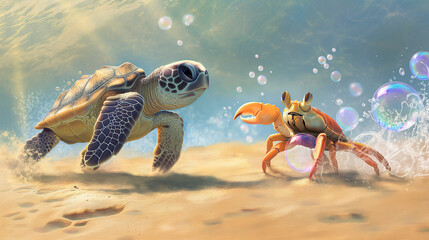 A green sea turtle and a red crab are racing across the sandy ocean floor.

