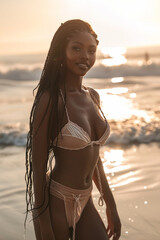 beautiful African American woman with long hair, cornrows hairstyle, full body shot, wearing beachwear, photography, beach outfit, woman in her 20s, summer vibes, photography