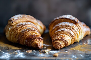 Golden Crust Delight: Two Croissants in a Captivating Bakery Composition