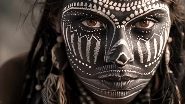A fierce female warrior adorned with intricate black and white tribal face paint exuding a sense of fearlessness and resilience in the face of adversity. .