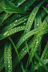 The textured surface of dew-covered grass blades, featuring sparkling droplets and lush greenery. Dewy grass textures offer a fresh and rejuvenating backdrop.