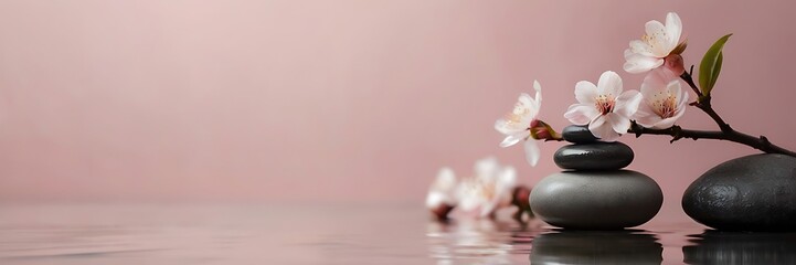 Obraz na płótnie Canvas display podiums on water and cherry blossom flower or Sakura. 3d rendering of realistic presentation for product advertising. 3d minimal illustration. Selective focus
