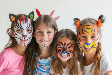 Children with animal face paintings isolated
