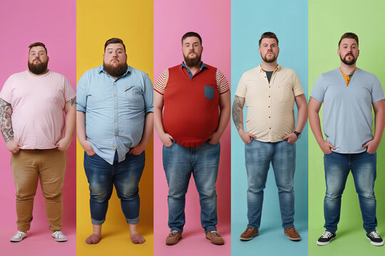 Collage of overweight men on color background. Diet concept
