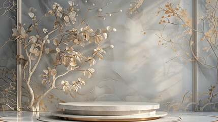 Gray marble walls and flowers, circular white podium