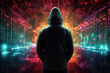Back view of hacker in hoodie looking at night city with binary code