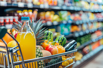 Shopping cart filled with food and drinks and supermarket shelves in the background, grocery shopping concept
