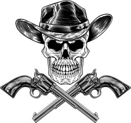 A cowboy grim reaper skull wearing a country or western style hat with pirate cross bones of guns or pistols old vintage revolvers