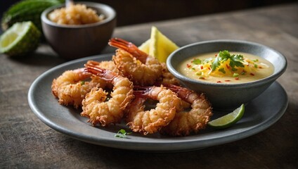 A plate of crispy coconut shrimp served with pineapple