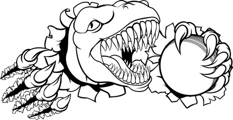 A dinosaur T Rex or raptor cricket player cartoon animal sports mascot holding a ball in its claw